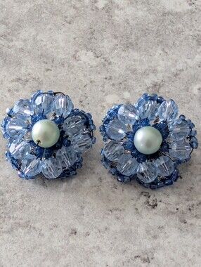 Vintage Marvella Beaded Blue Faux Pearl Cluster Clip On Earrings